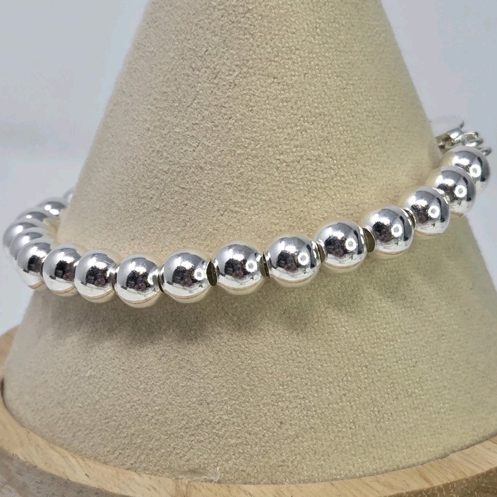 Sterling Silver 925 Round Ball 7mm Bead Bracelet 7.25" 18.3g‎